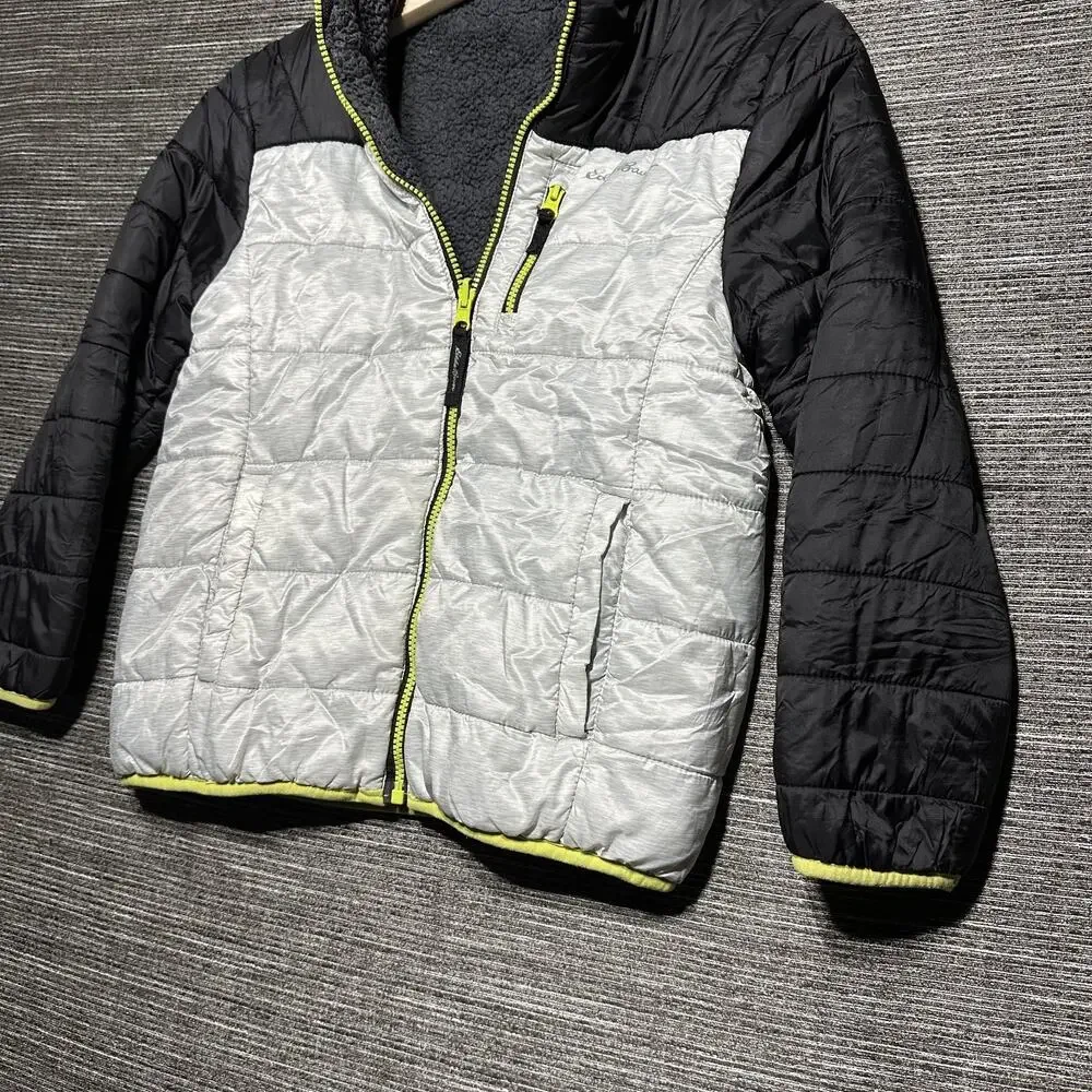Eddie Bauer Jacket Kids M (10/12) Gray Black Full Zip Fleece Puffer Nylon